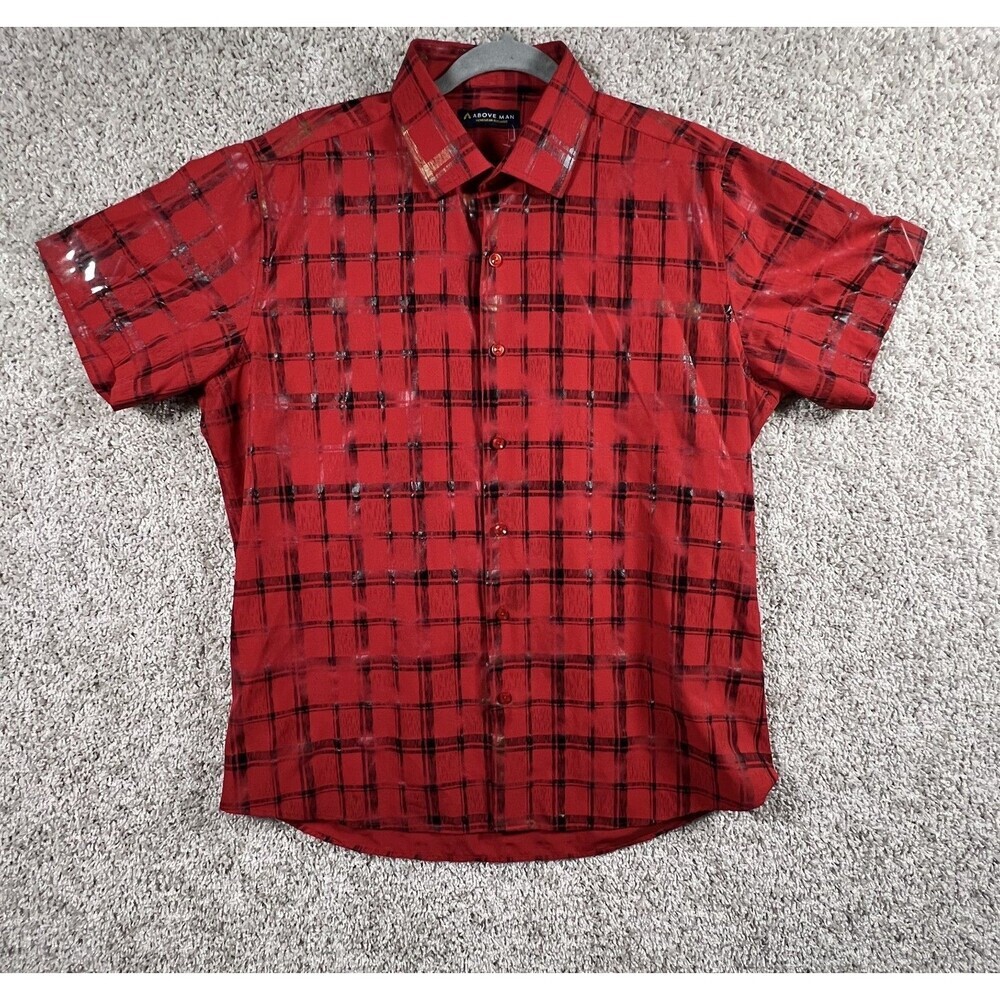 Above Man Red Plaid Button Up Shirt Mens XL Stretch Short Sleeve